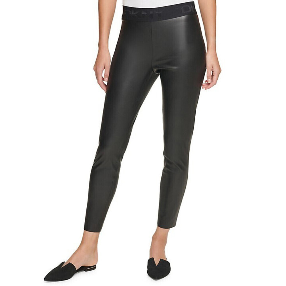 DKNY women's Ankle Length Pull-On Faux Leather Leggings Black Size M NWT